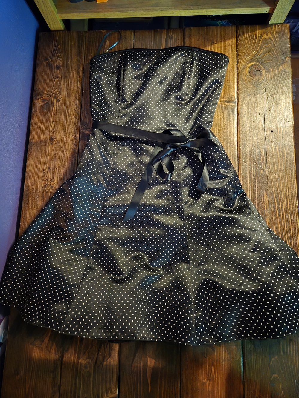 Jessica McClintock Strapless Black Polka Dot Party Dress with Satin Ribbon